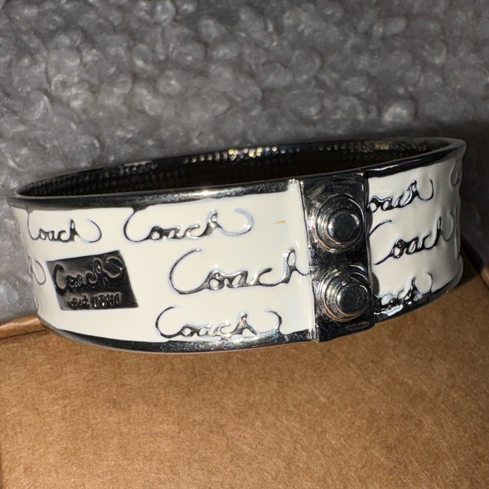 Coach White Enamel Script Logo Hinged Bangle Brac… - image 1